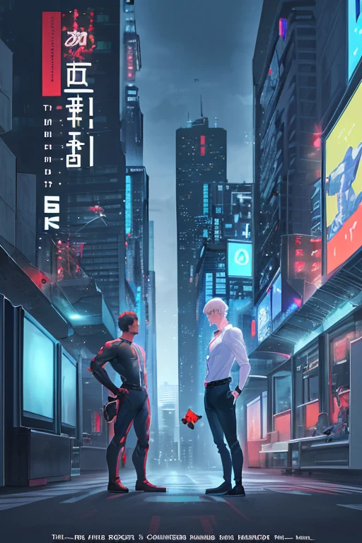 "Series Title: computer game, city and open world, two guys in a shirt", bots from the other world. Our hero is a man: 1.2), Perfect color combination., movie poster 