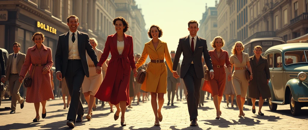 a happy crowd walking on the streets of london in 1940, cheerful people, couples holding hands, men and women in fashionable 1940s clothing, warm sunny day, stylish architecture, cobblestone streets, vintage cars parked, vibrant colors, detailed realistic painting, masterpiece, photorealistic, high resolution