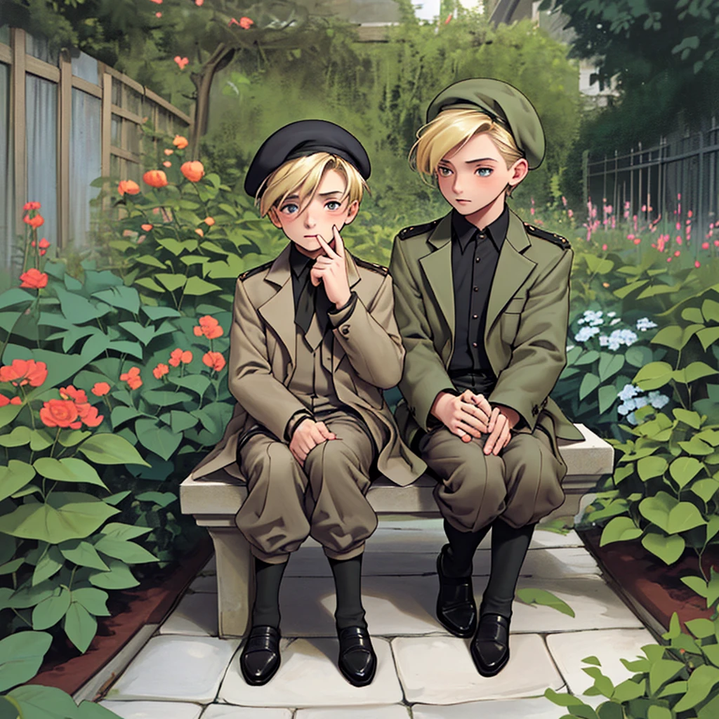 two boys, a taller one with dark hair and a shorter one with blond hair wearing clothes from the forties, wearing a beret crossing their little fingers in a promise sitting in a garden