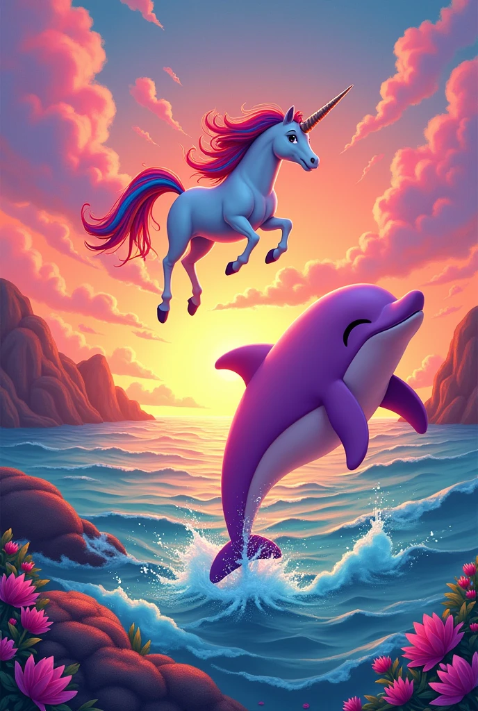 A landscape at sunset full of colors, with a pink dolphin jumping in the sea with a happy face and a purple back, and a unicorn that walks flying leaving a rainbow gust and trail with a rainbow mane and horns in a cartoon style and in the center a superimposed text that says "Burn down the school"