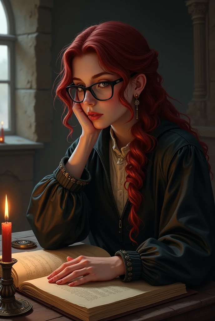 Dark-haired medieval writer, with red hair and round glasses