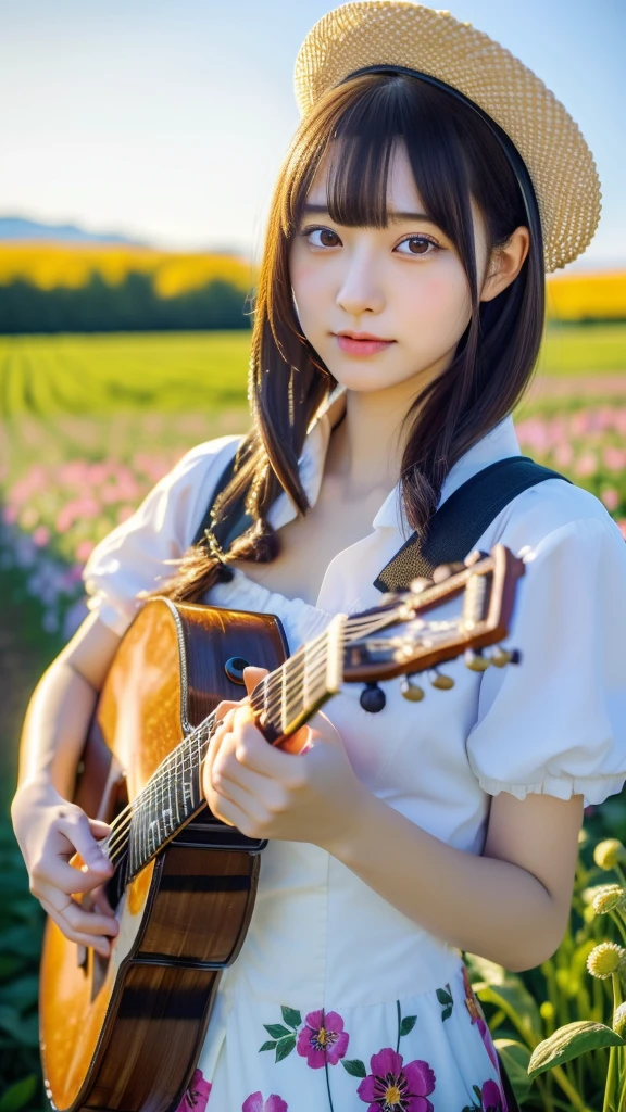 (masterpiece, ultra-detailed, ultra-realistic, best quality, clear focus, photorealistic), (ultra-high resolution, 8k:1.3), cinematic color-grading film, dramatic scenes, shadow, global-illumination, perfect anatomy, (perfect face), (ultra-detailed face, detailed eye:1.3), (Japanese anime-style girl:1.2), (high school student but farmer:1.2), professional light, (very beautiful with very cute but cool Japanese face:1.1), (amazing view of flower field:1.2), (wearing a very cute farmer's outfits:1.2), slim waist, very large breasts, face focus, beautiful anime-character-like floral patterned eyes, holding a large M4A1 assault rifle, (playing the classical guitar:1.3), singing alone