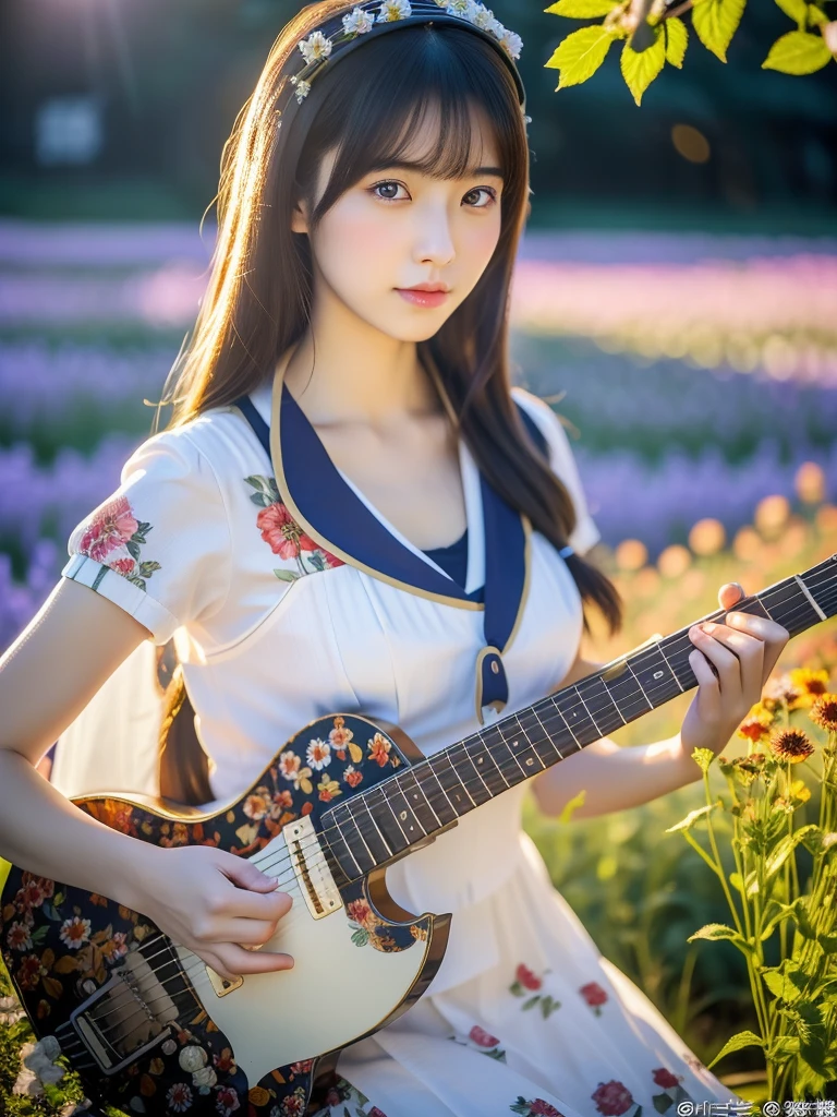 (masterpiece, ultra-detailed, ultra-realistic, best quality, clear focus, photorealistic), (ultra-high resolution, 8k:1.3), cinematic color-grading film, dramatic scenes, shadow, global-illumination, perfect anatomy, (perfect face), (ultra-detailed face, detailed eye:1.3), (Japanese anime-style girl:1.2), (high school student but farmer:1.2), professional light, (very beautiful with very cute but cool Japanese face:1.1), (amazing view of flower field:1.2), (wearing a very cute farmer's outfits:1.2), slim waist, very large breasts, face focus, beautiful anime-character-like floral patterned eyes, holding a large M4A1 assault rifle, (playing the classical guitar:1.3), singing alone