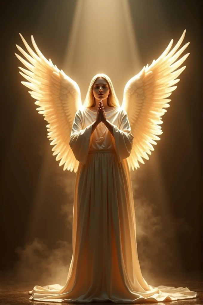 Realistic image with a lot of contrast of an angel standing with his hands up