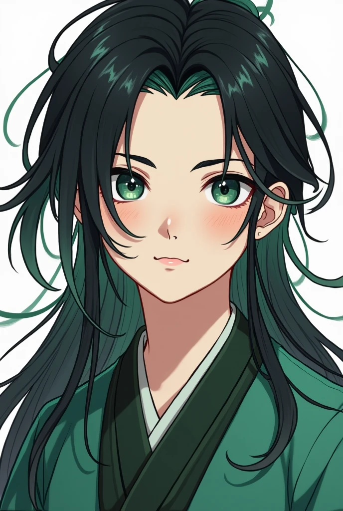 (Best quality, masterpiece), 1 boy, (simple white background: 1.2), black and green hair, ancient Chinese handsome, upper body, ID photo, close-up, long hair,