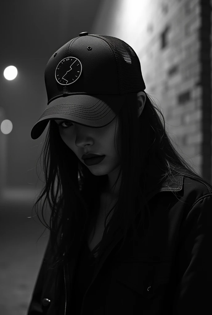 A black and white cap with mesh back , that has a JH logo in a circle , that you have a broken black heart next to you