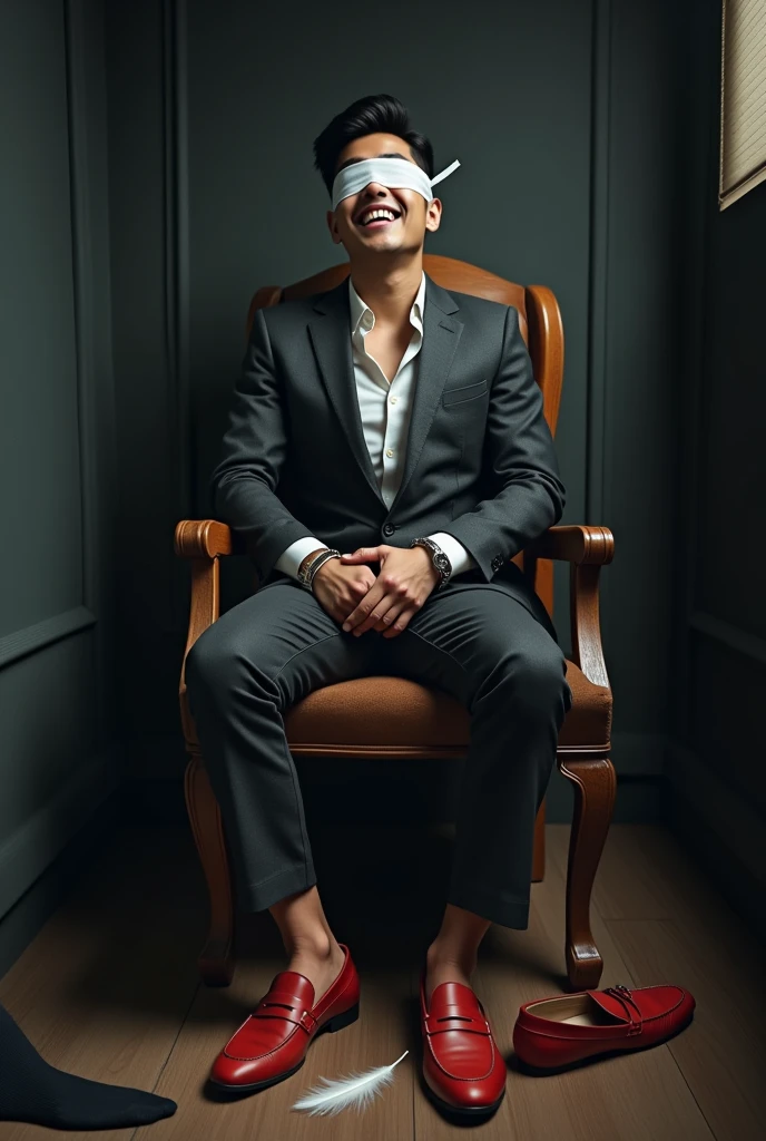 Handsome malay Zarul 22years lawyer
He laugh
Focus 5toefeet
Shoeless
Red loafer Shoes scatter
Hand Handcuff wooden chair
blindfolded
feather on floor
Pair of Blacksock on floor
2 mafia pinch their nose
Smelly feet
The mafia boss 
rub his feet
