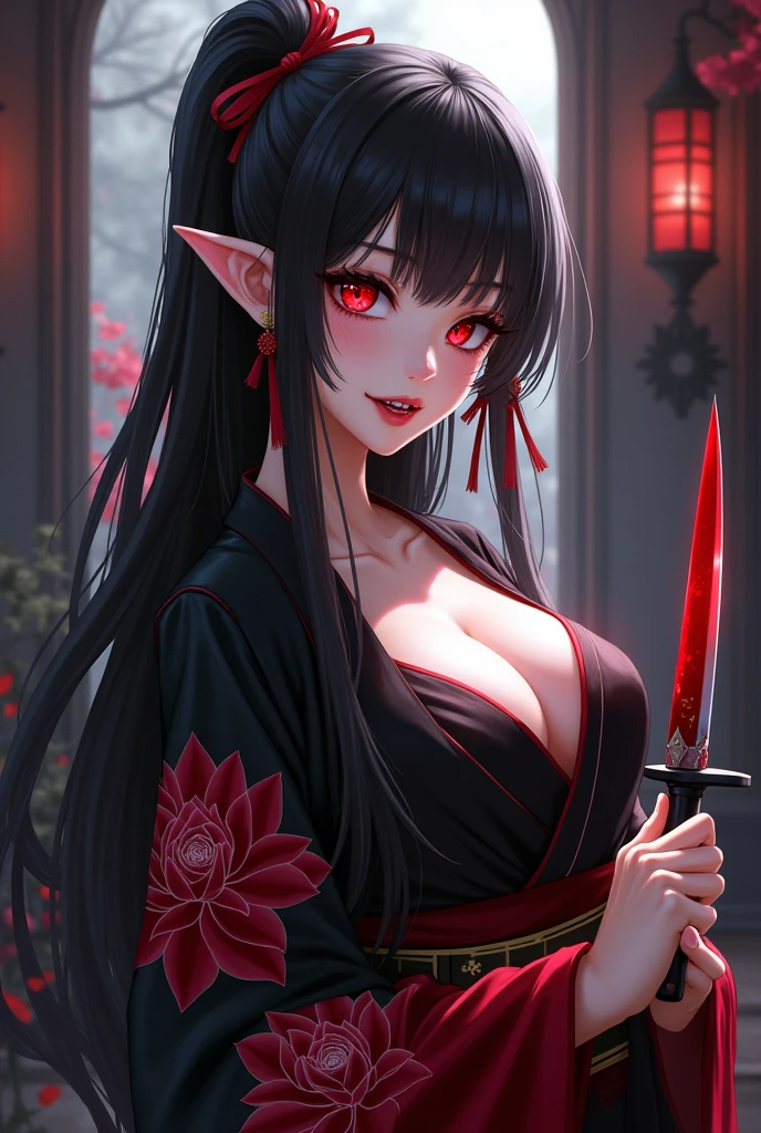 (Anime) (Woman) (Busty) (Thick thighs) (large breasts) ((Long wavy black hair with red streaks and bangs between her eyes)) (Red eyes with slit pupils and lotuses in the eyes) ((pale skin)) ((vampire)) ((fangs)) (elf ears with earrings) ((long red nails) (Black and red kimono that fades to white with lotuses on it hanging off the shoulders) ((yandere)) ((bloody face)) ((crazy expression)) (holding a knife) (beautifully detailed eyes) (beautifully detailed face)