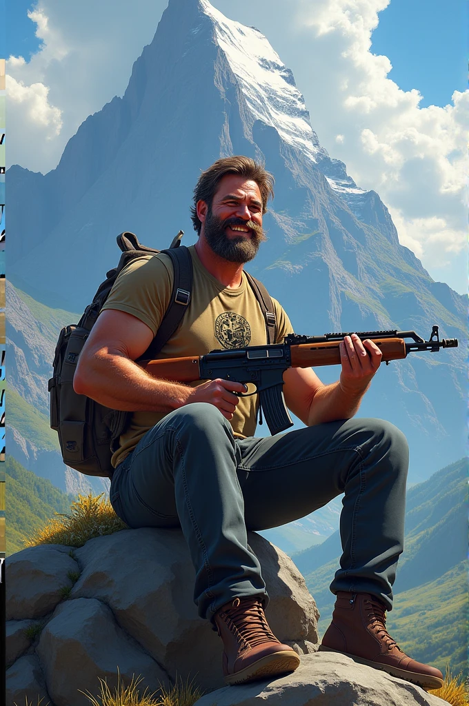 A man with mustache sitting on the mountain holding AWM gun with happy face . Near the chest below NEP Gaming in glorious form