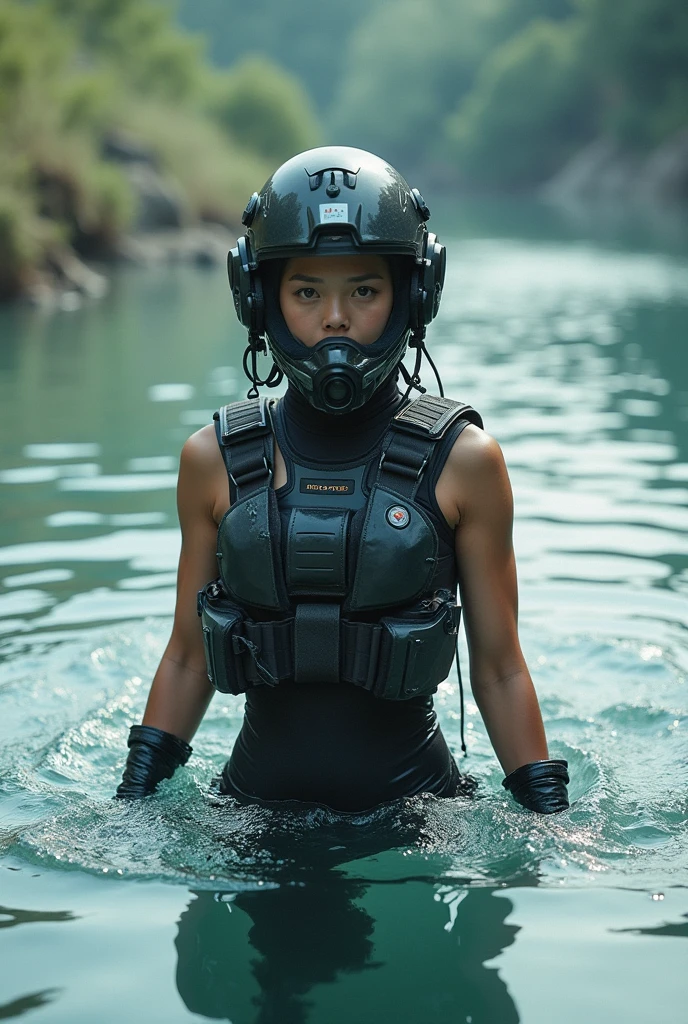 Japanese woman dressed in tactical sleeveless bodysuit, armor pads, helmet and mask, half of her body in the water, releasing fart bubbles behind her