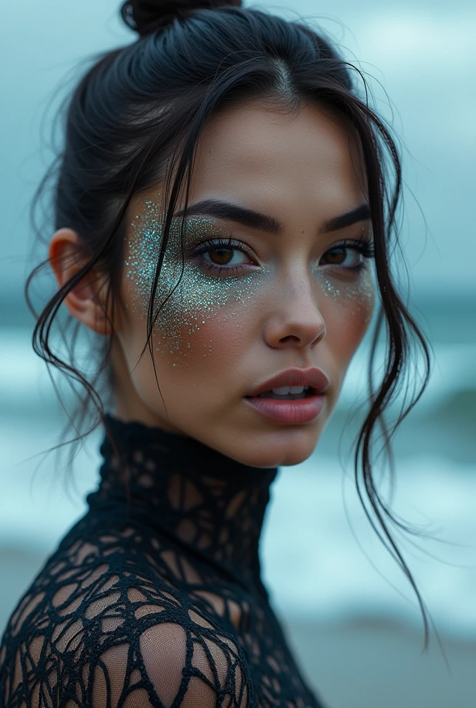 Make a cosmetic product that looks innovative, lasts too long on your face and is not washed off by sea water showing a woman with this makeup