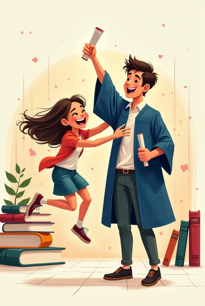 Cartoon of a girl jumping and hugging a young man in graduation gown raising his hand and holding his graduation certificate looking forward. High resolution drawing of cm lines and hidden white illustrated books.