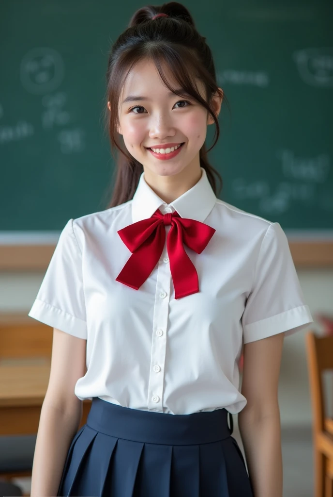 (ponytail:2.0), (Highest quality、Tabletop、8k、Best image quality、Award-winning works)、(Beautiful schoolgirl:1.1)、(White polyester collared shirt:1.1)、(A red high school uniform bow tie on the chest:1.1)、(Navy Pleated Skirt:1.1)、(Large Breasts:1.5)、(Accentuate your body lines:1.1)、(Voluptuous body:1.4)、Girl portrait photography、Glowing Skin、Standing Elegantly、(Perfect blurred school classroom background:1.1)、(Classroom large blackboard background:1.2)、Beautiful smile、(Face close-up:1.1)