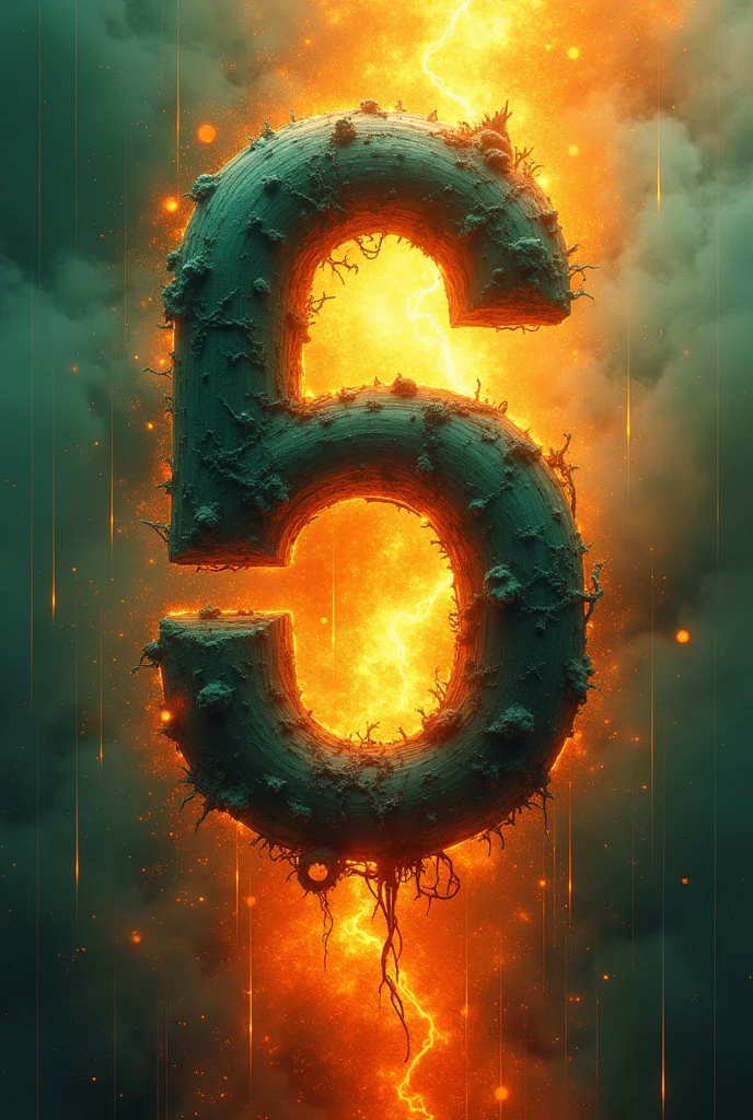 Draw the number 65 vertically with the number 6 above and the number 5 below., creative color palette expresses space, Time, The main colors are orange and green., nghệ thuật, entwined