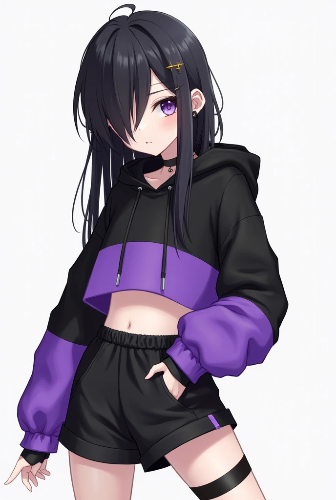 Anime boy femboy big hair falling in the eye black,purples eyes, feminine appearance,black cross earrings, Piercing in the corner of the lip, black choker,black and purple hooded sweatshirt with belly showing, black fingerless long gloves,black shorts with a purple stripe on each side short, black band on the thigh,knee-high socks and black and purple Solo sneakers, femboy big ass and thick thighs black hair no breasts,left eye covered by hair 