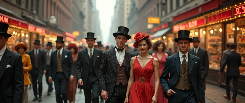 a bustling cityscape of new york city in 1912, a diverse crowd of happy people walking on the streets, elegant men and women, intricate fashion details, lively atmosphere, dynamic poses, cinematic lighting, vibrant colors, 8k, photorealistic, highly detailed, masterpiece