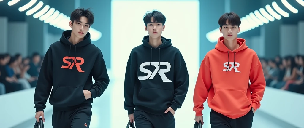 (photorealism:1.2), Three sportwear fashion handsome 18 yrs. old, k pop Asian male model, runway show full body holding sports bag pack, tank top casual wear style, SXR logo design, ultra-detailed, film photography, light leaks, trending on sportwear, sharp focus, studio photo, futuristic details, highly detailed