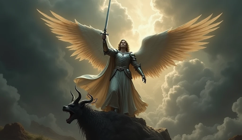 Imagine Saint Michael with armor and sword, stepping on a demon in a dark background, hyper-realistic with clouds. The devil has very real and beautiful wings.
