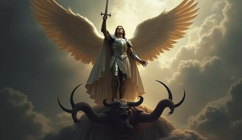 
Imagine Saint Michael with armor and sword, stepping on a demon in a dark background, hyper-realistic with clouds. The devil has very real and beautiful wings.