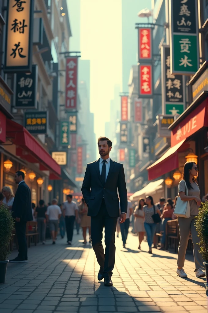 A man is walking on the street and the people are busy talking bihind him but he doesn't care