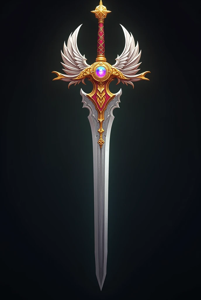 Gleaming silver xiphos sword, intricate blade resembling silver, amber-colored cross guard and grip, cross guard designed as eagle wings, central rainbow gem on the cross guard the gem in the middle was Rainbow colored the wing parts of the cross guard was amber colored
