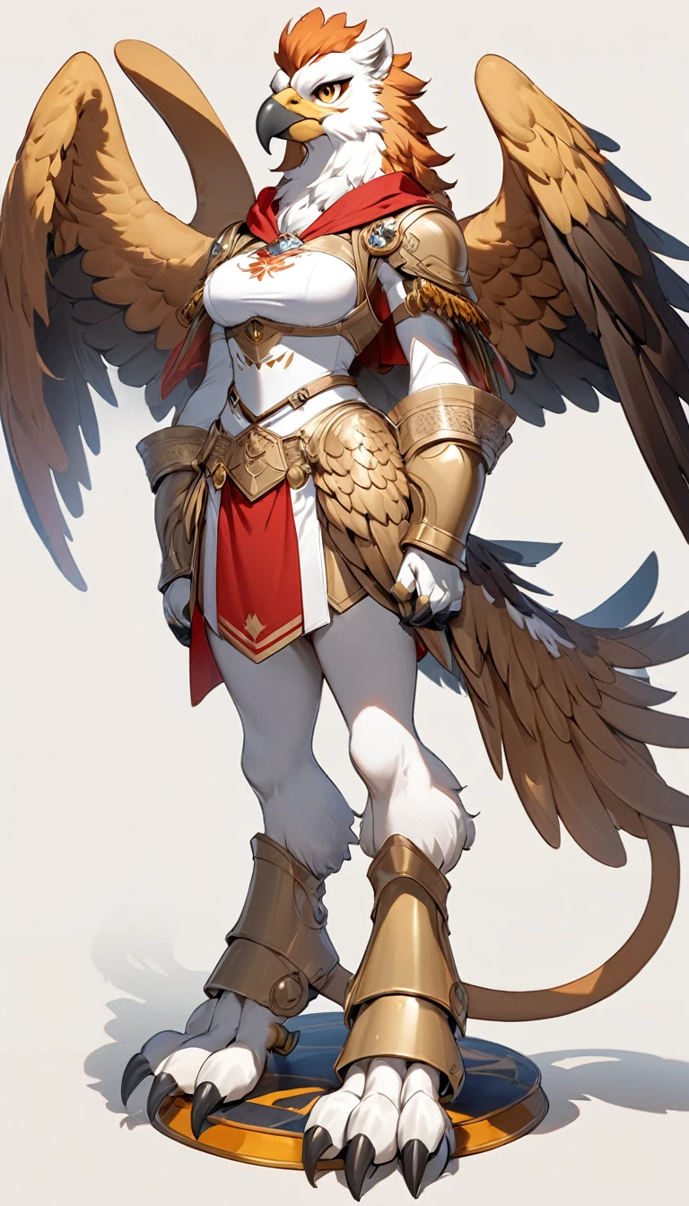 (masterpiece, best quality:1.2), 1 girl, solo, full body, (anthropomorphic Griffin, furry, kemono:1.4), head of an eagle, wings of an eagle, arms of an eagle, hands of an eagle with talons, chest of an eagle, ((the lower body of a lion, tail of a lion, legs of a lion)), simple background