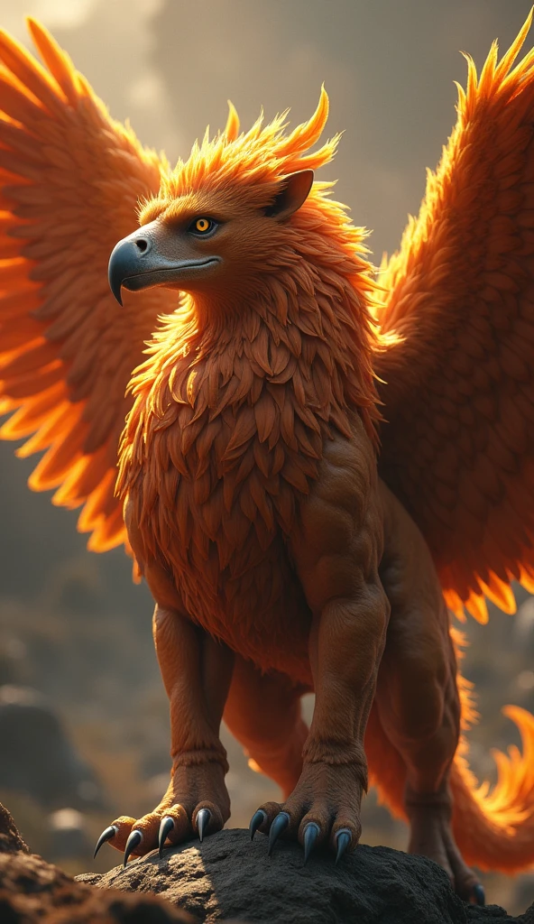 A majestic fantasy griffin, hyper realistic, high quality, 8k, masterpiece, detailed feathers, muscular body, piercing eyes, sharp talons, dramatic lighting, cinematic composition, warm color palette, dramatic shadows, vibrant colors, photorealistic, intricate details, studio lighting, epic scale, heroic pose