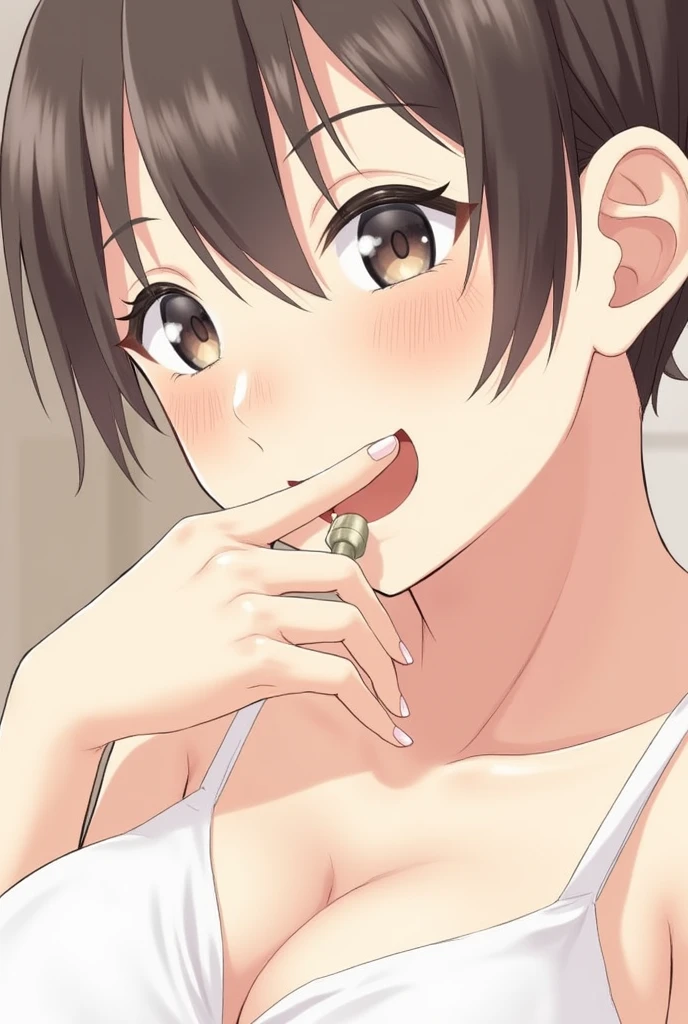 Naked、Lori、Covered in semen,girl,Bob Hair,Brown Hair,Small breasts,(small sparkly earrings),Naked、Ahegao、Blowjob、Holding a dick、I have semen on my face、Creampie