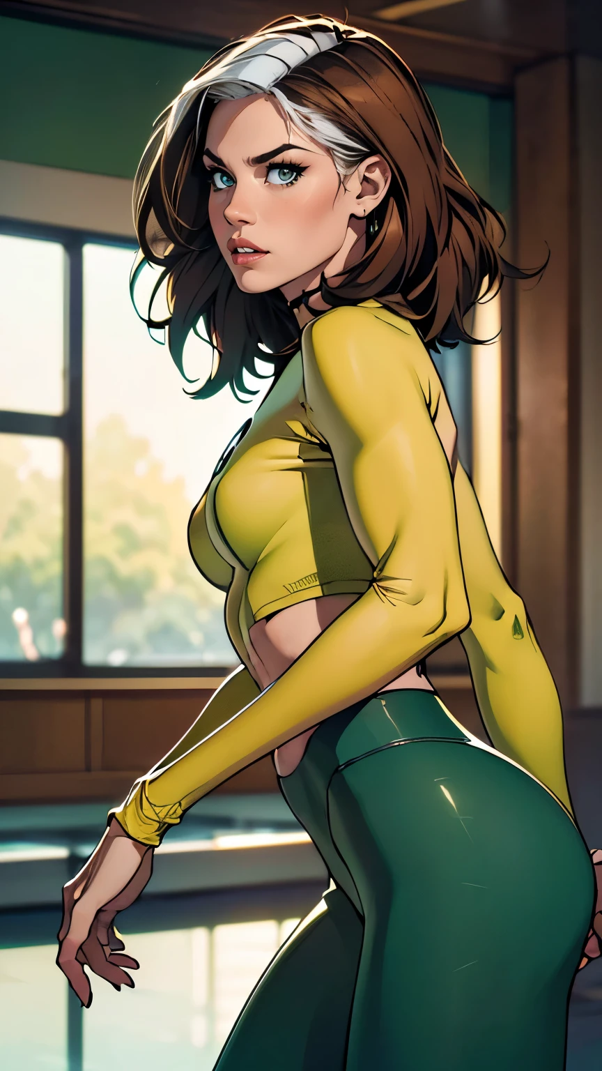 masterpiece:1.0), (best_quality:1.2), Classic Rogue, 1991 Rogue X-Men, ((1 girl)), head to waist view, (candid), looking to the side, still pose, sweaty, ((clothing: green yoga pants, cropped top with long sleeves, medium length hair, auburn hair, one lock of white hair, green eyes, determined look, parted lips, fit figure, medium breasts, heavy makeup, gold earrings, backlit, (realism: 1.5), (Realistic: 1.4), (Absurdity:1.4), 8k, ultra-detailed, (background: high tech indoor gymnasium), official art, extremely detailed CG unity 8k wallpaper, perfect lighting, Colorful, ultra high res, photography, 8K, HDR, Kodak portra 400, film grain, blurry background, (bokeh:1.2), (vibrant_color:1.2), film grain:1.2, (warm hue, warm tone:1.2), (color photo), professional photograph