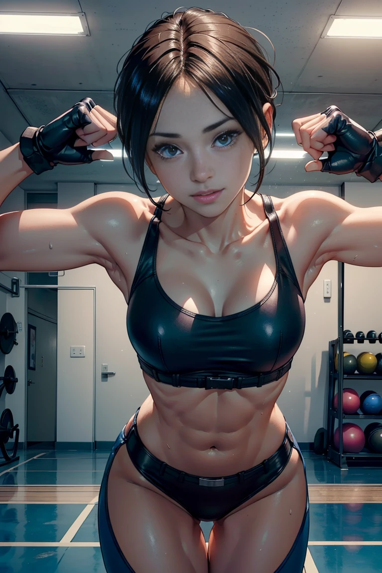 (Highest quality,4K,8k,High resolution,masterpiece:1.2),Very detailed,(Realistic,photoRealistic,photo-Realistic:1.37),Portraiture,Beautiful lighting,young,Energetic,Excited,have confidence,Healthy and energetic,Trendy sportswear,Stylish gym,Modern and clean environment,Mirror reflection,Warm tones,Subtle lens flare,Peaceful atmosphere,Sweat on her forehead,smile,Keeping gym equipment clean,Bright and spacious々A spacious room,There are inspiring quotes written on the walls,Good posture,Strong muscles,Remote Personal Trainer,Inspiring workout songs playing in the background,Edge-to-edge mirror,Houseplant,Positive Energy, King of Fighters Angel.