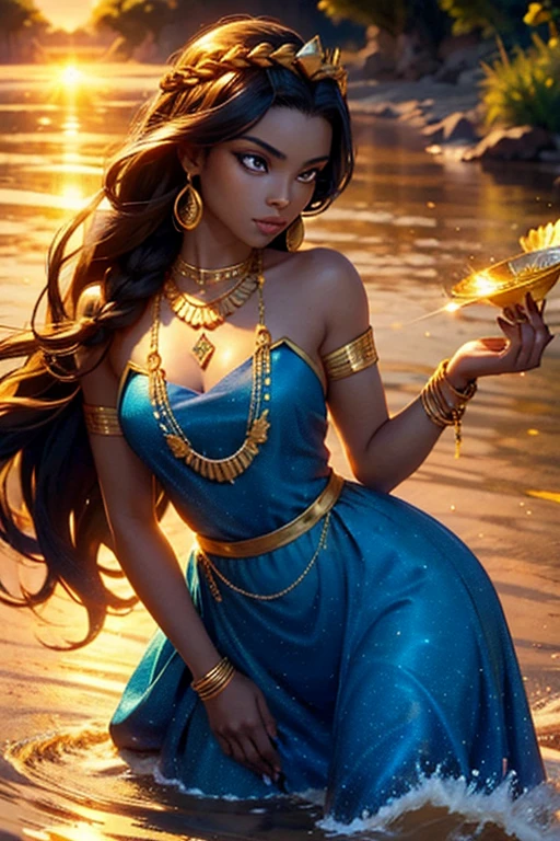 a one woman, goddess queen of the waters, her black skin reflects African beauty, braided hair a masterpiece,  honey-colored eyes reflected by the sun, shining face representing beauty,  sexiness, Amemos, wearing a long blue dress with yellow details, gold necklaces, gold bracelets, gold bracelets, skin glowing in the sun, walking under the river waters, holding a small mirror and admiring her own beauty, glare eyes. 