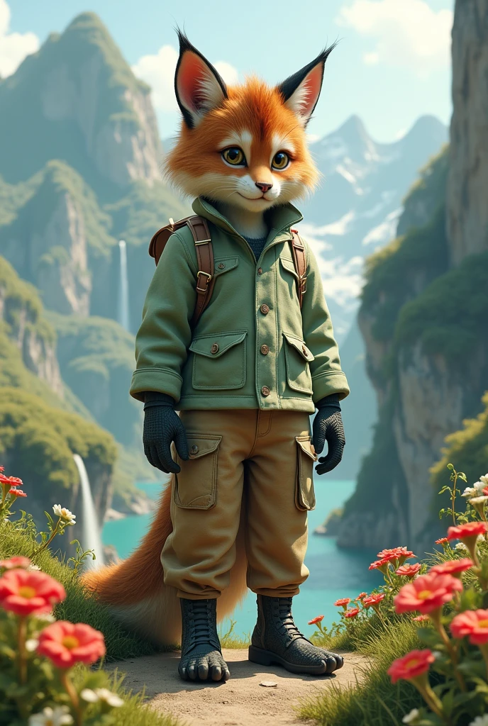 has fox ears , Brown hair , cat paws , crocodile tail , lion&#39;s claws , light green jumpsuit , light brown pants with pockets , He is medium tall and lives in a landscape where there are mountains and flowers, also where there are waterfalls..