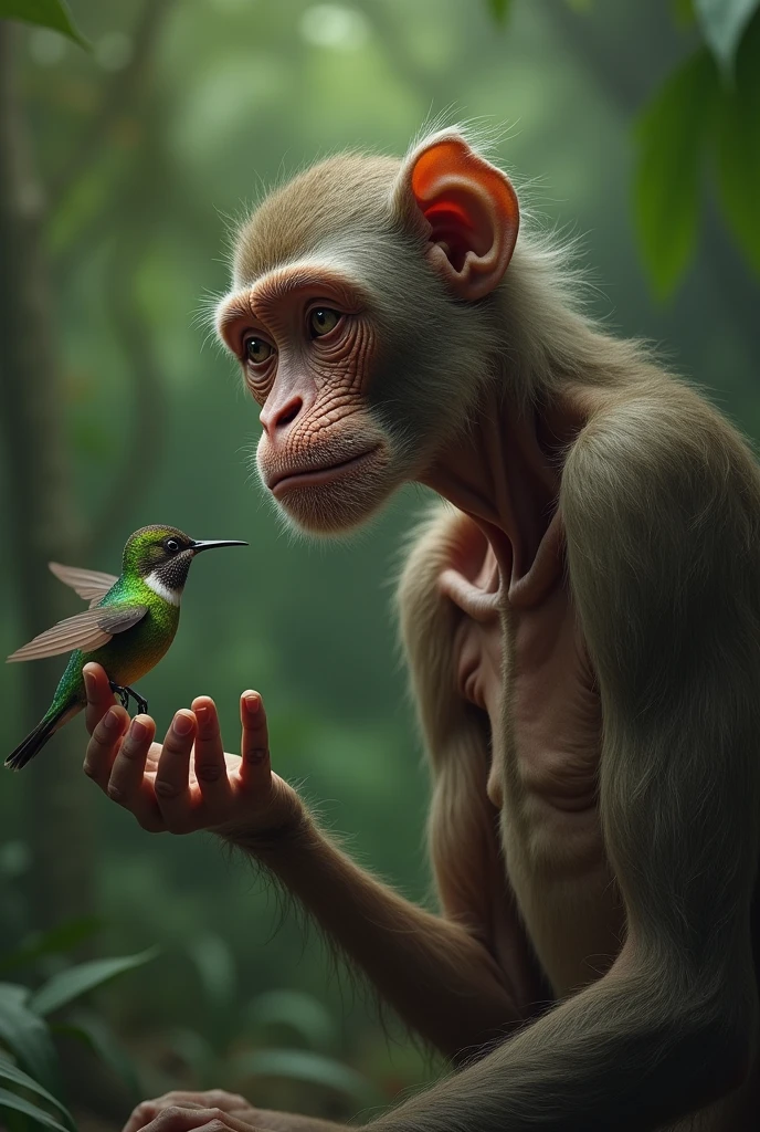 A very exhausted monkey, Hungry and thirsty, he asks a little hummingbird for help., The monkey is supposed to look uglier and more emaciated.