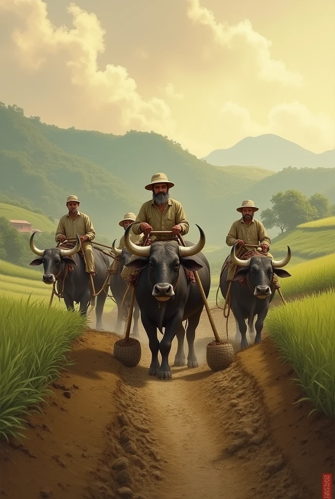 People using buffaloes to plow fields