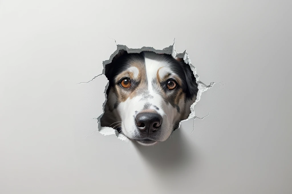 there is a dog looking through a hole in a wall, morphing dog head, portrait shot, dog head, cute dog, hyperrealistic illustration, with a white muzzle, cornered like an animal, beautiful dog head, pet animal, high quality wallpaper, border collie, ultra realistic picture, a hyper realistic, realistic illustration, ultra realistic illustration, ultrarealistic illustration