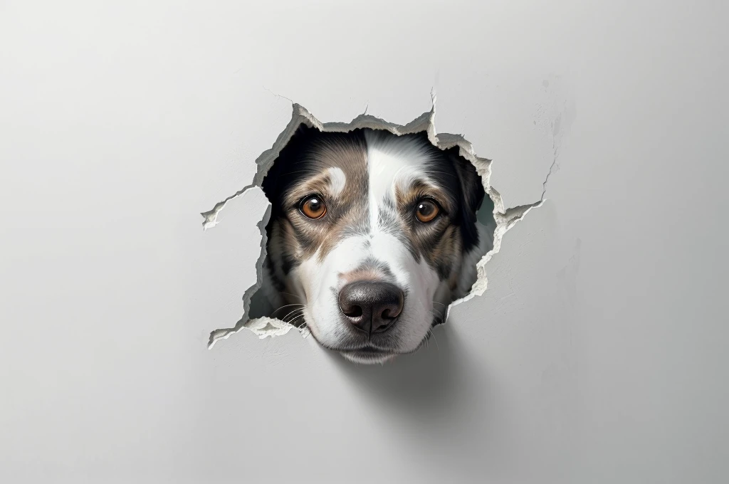 there is a dog looking through a hole in a wall, morphing dog head, portrait shot, dog head, cute dog, hyperrealistic illustration, with a white muzzle, cornered like an animal, beautiful dog head, pet animal, high quality wallpaper, border collie, ultra realistic picture, a hyper realistic, realistic illustration, ultra realistic illustration, ultrarealistic illustration