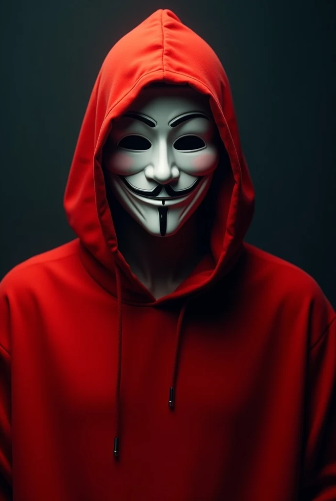 Man in red hoodie with white smiling mask