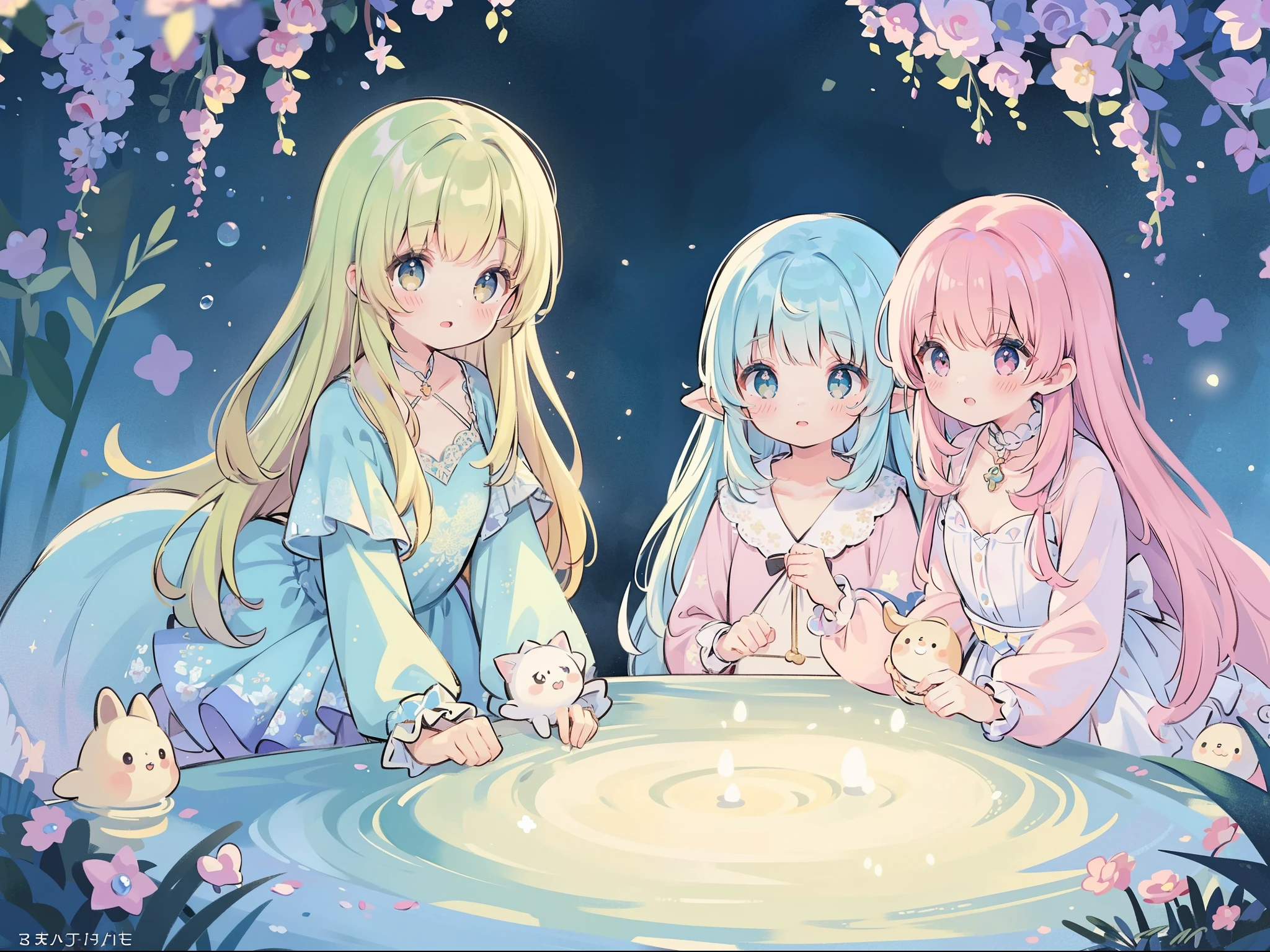 masterpiece, best quality, 8k resolution, sharp focus, intricate detail, beautiful 3girls, sparkling eyes, golden ratio face, otherworldly liquid, watercolor, pastel colors, bright colors, whimsical, colorful, sharp focus, high resolution, fine detail, ((layered tiered puffy long sleeves ballgown)), ((round eyes)), iridescent bubbles, fantasia background