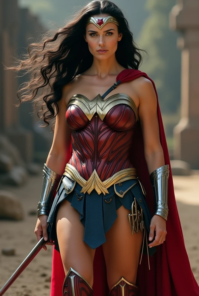 Charlize Theron under the mantle of the Amazon warrior Wonder Woman Silver metal headband with a red star on her forehead Superman Man Of Steel Movie costume Long black hair Long bracelets Long red boots up to her knees