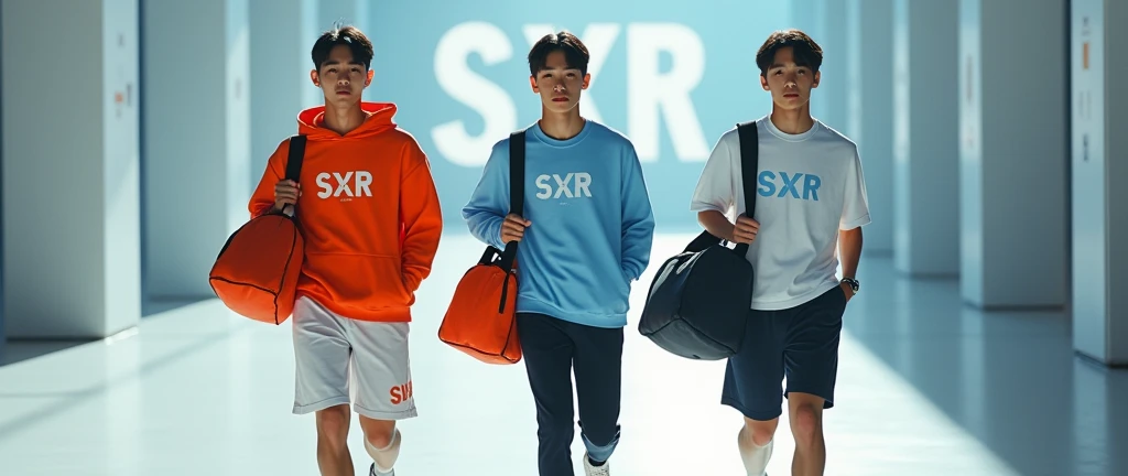 (photorealism:1.2), Three sportwear fashion handsome 18 yrs. old, k pop Asian male model, runway show full body holding sports bag pack, tank top casual wear style, SXR logo design, ultra-detailed, film photography, light leaks, trending on sportwear, sharp focus, studio photo, futuristic details, highly detailed