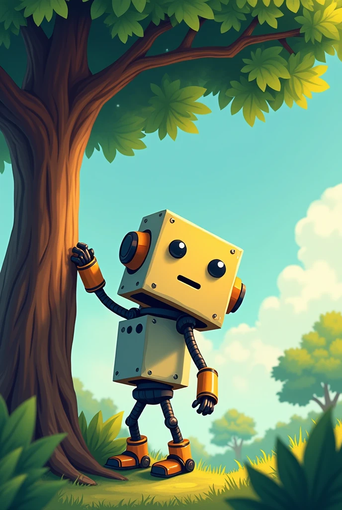 create a square cartoon robot trying to climb a tree