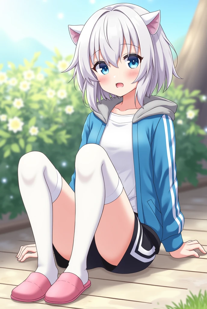 Anime girl with white hair and blue eyes, He wears a blue jacket with a grey hood, blossomed; a white t-shirt underneath; black shorts with a white stripe down the side; pink slippers; and white stockings that cover part of her legs, visible between his shorts and slippers. He has a relaxed and joking personality..