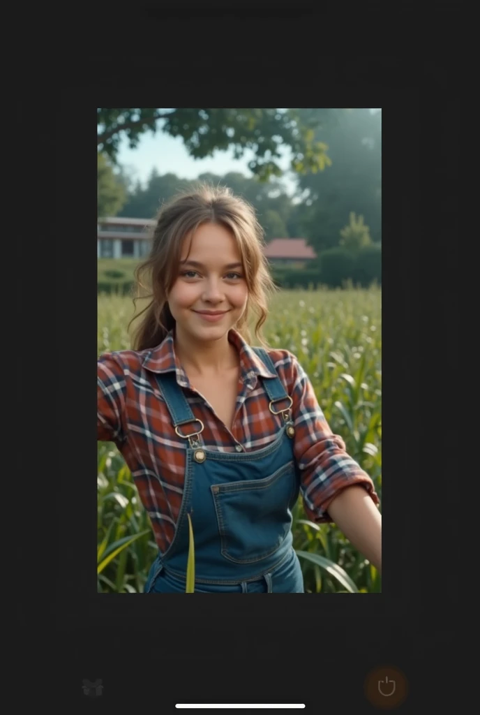 Create an image of a young woman with a charming appearance, dressed in casual 1980s attire including a plaid shirt and high-waisted jeans, harvesting crops in a rural field. Capture her in a dynamic pose, with the sun casting long shadows behind her. Use warm, golden light to highlight her figure and the lush green crops.