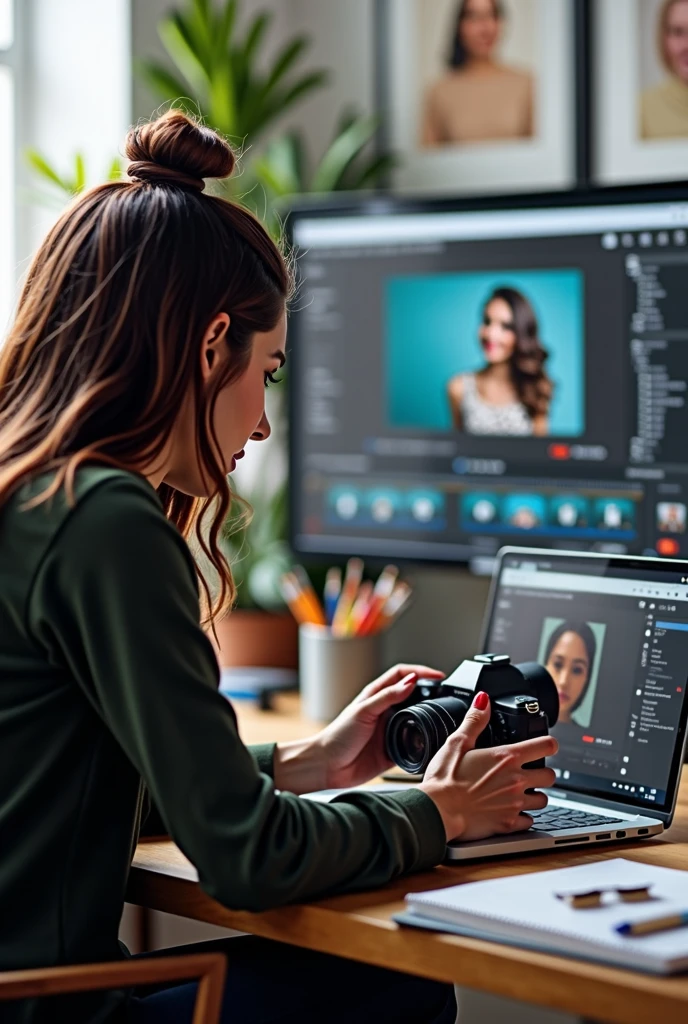 

Generate an image that represents an innovative platform concept for photography and art with a focus on mental health. It shows a modern and creative environment, with a person (model or professional) working with a camera and a laptop. The computer screen should display editing software and artificial intelligence elements, such as a chat with an expert or advanced tools. Includes artistic details such as paintbrushes and a notebook with notes. The environment should convey a combination of professionalism, Creativity and support in mental health