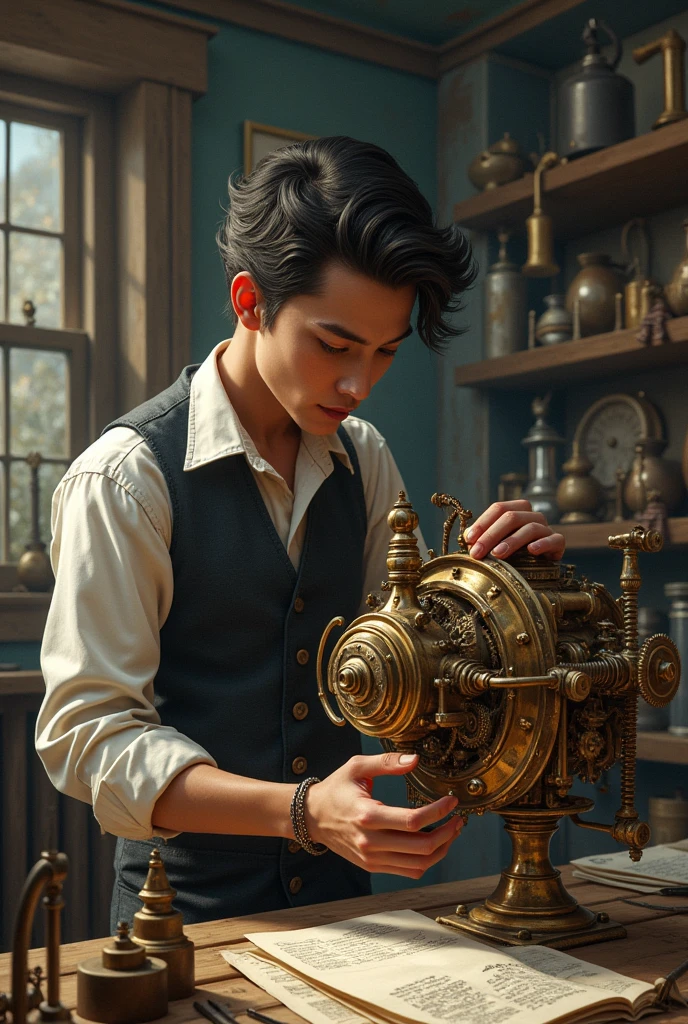 A steampunk inventor working on a fantastical device 