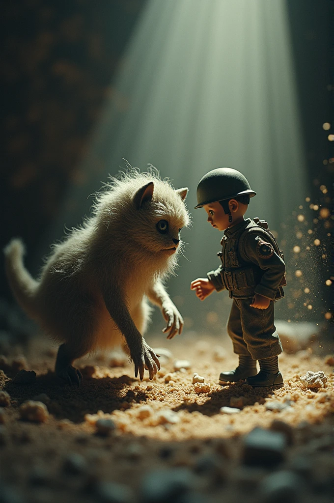 Make me a picture of a wounded toy soldier fighting a very small monster made of dust and fluff under the bed, under a bed, peleando under a bed