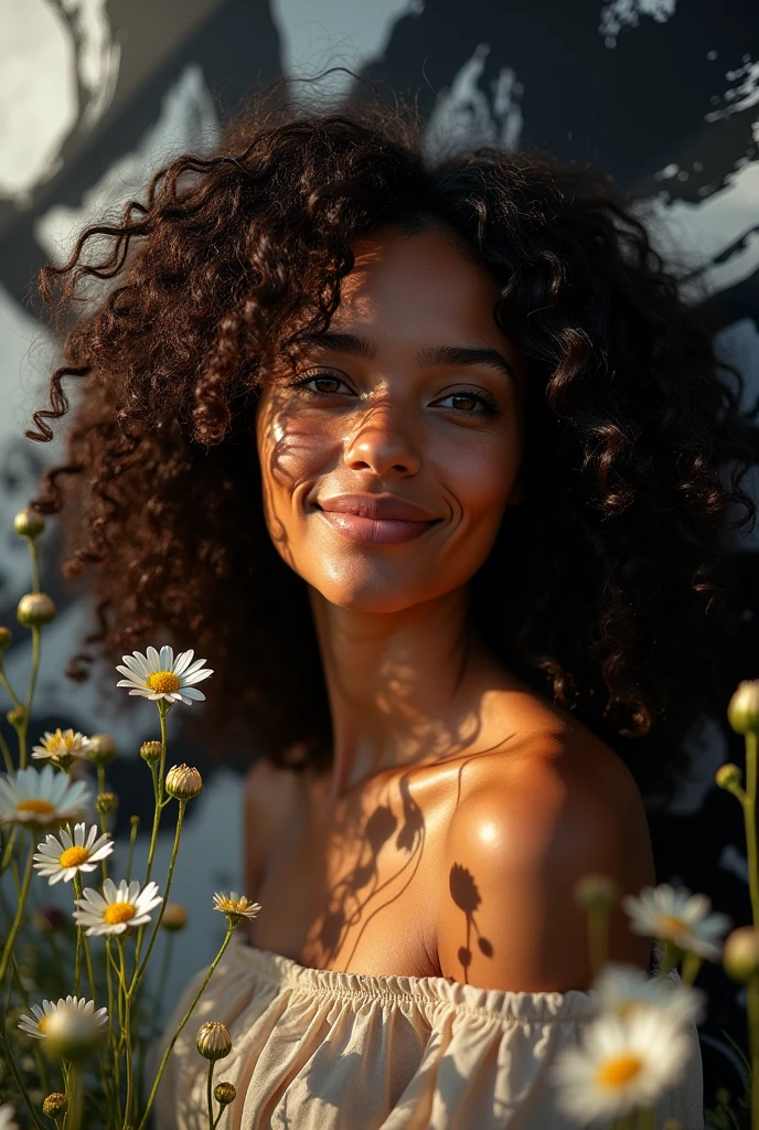 gorgeous young curly woman, discrete smile, high contrast colors, wildflowers crow, fluid dark pattern painting background, black white background, sunlight, street photography, 4k, professional lens.