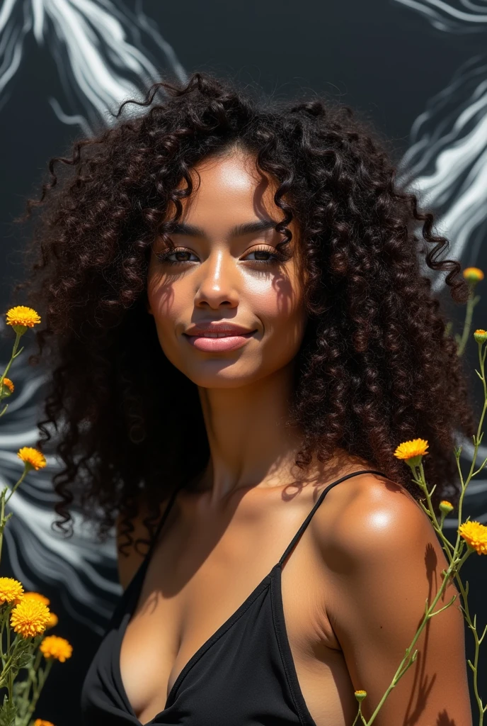 gorgeous young curly woman, discrete smile, high contrast colors, wildflowers crow,  fluid dark pattern painting background, black white background, sunlight, street photography, 4k, professional lens.