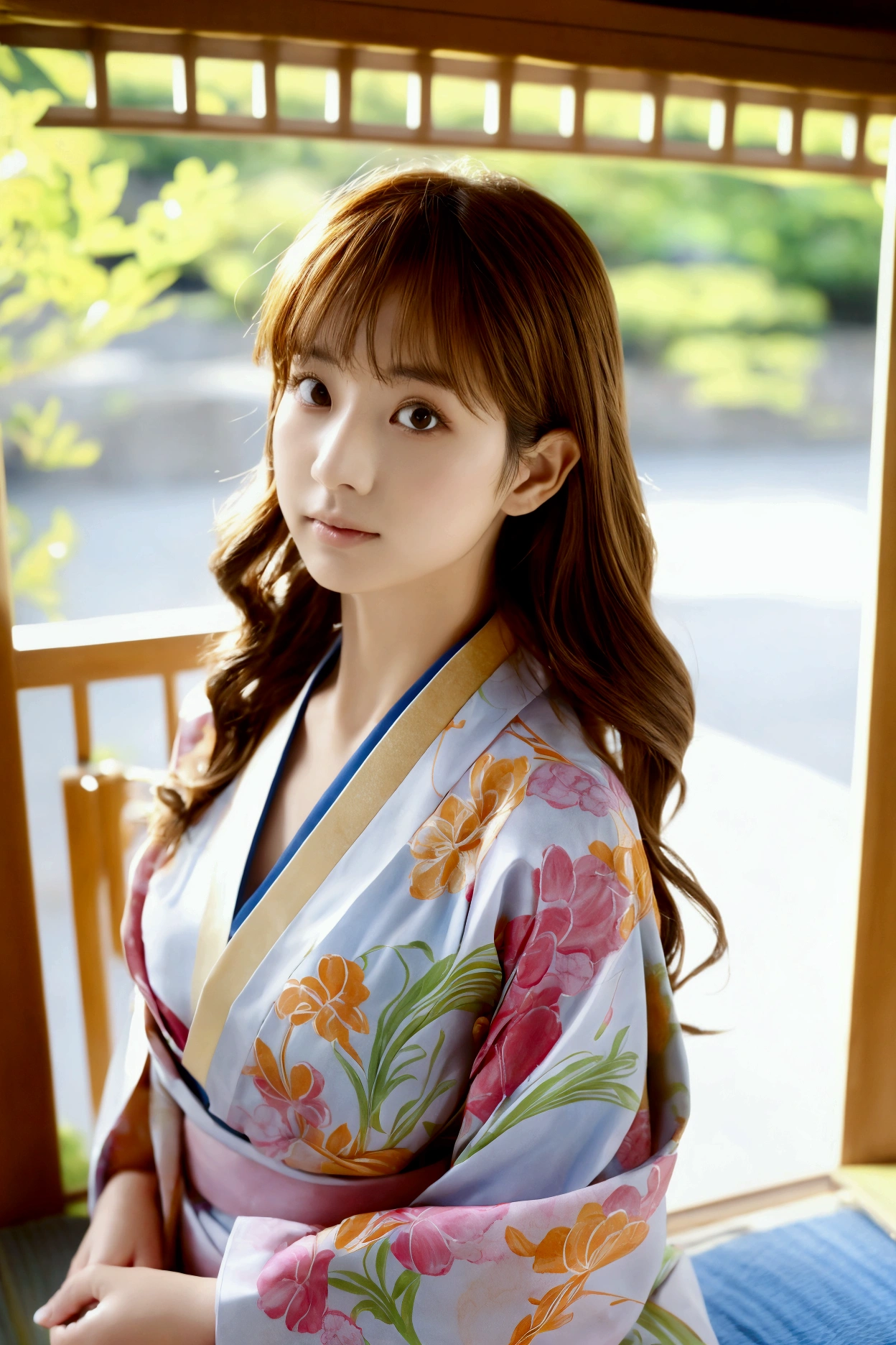 Okinawa, Ryukyu, front, 最high quality、high quality、Best image quality、8k、最High resolution、High resolution、Realistic photos, Healthy body, Beautiful Eyes, flowing brown hair, Colorful kimono, Calm expression, Soft lighting, Traditional Japanese art style, Vibrant colors, Peaceful atmosphere, Delicate features, Graceful posture, Beautiful Landscape, 1