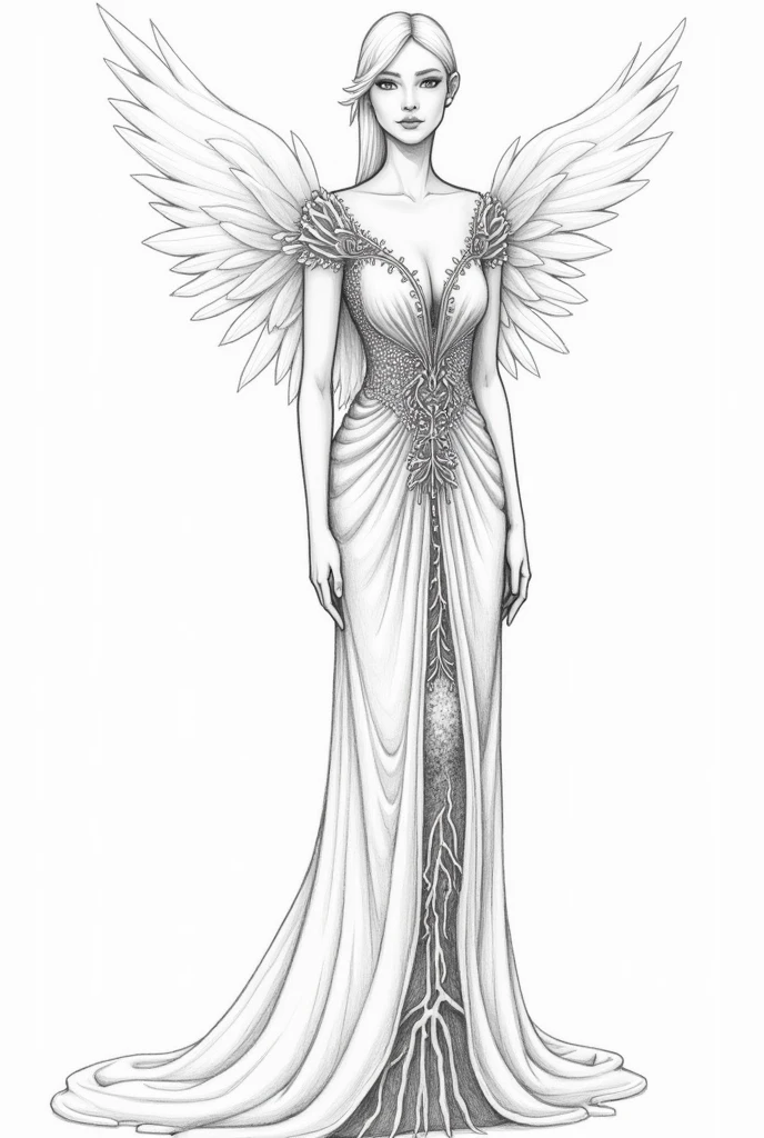 Create an outfit for a fashion show with the following theme and inspiration pencil drawing style as a sketch of a drawing of a fashion outfit a little drawing style a little simple in drawing style and more elaborate in the style of the outfit now to finish do it in the style of a sketch of a drawing of a dress/fashion clothing made by a human being make the style of the clothing a little more elaborate remember to put more fabric in the clothing don't forget the wings and roots :
theme: Roots and Wings Inspiration: This concept explores the duality between the roots that keep us anchored and the wings that allow us to fly.. The piece symbolizes the importance of recognizing our origins as we seek freedom and personal growth..